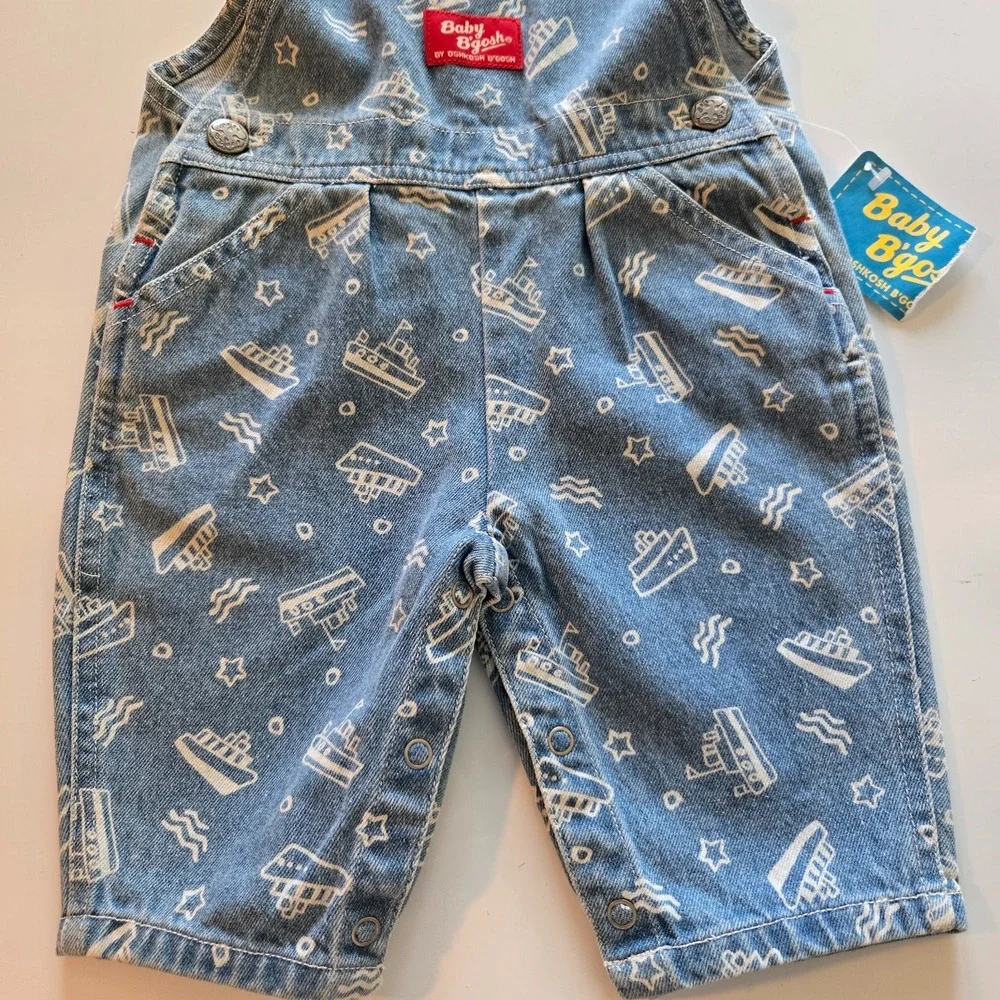 VTG NWT Oshkosh Baby‎ Boy Denim Shortalls Boats 3-6 months